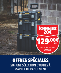 Prix exceptionnels sur une sélection d'outils à main et de rangement dewalt.